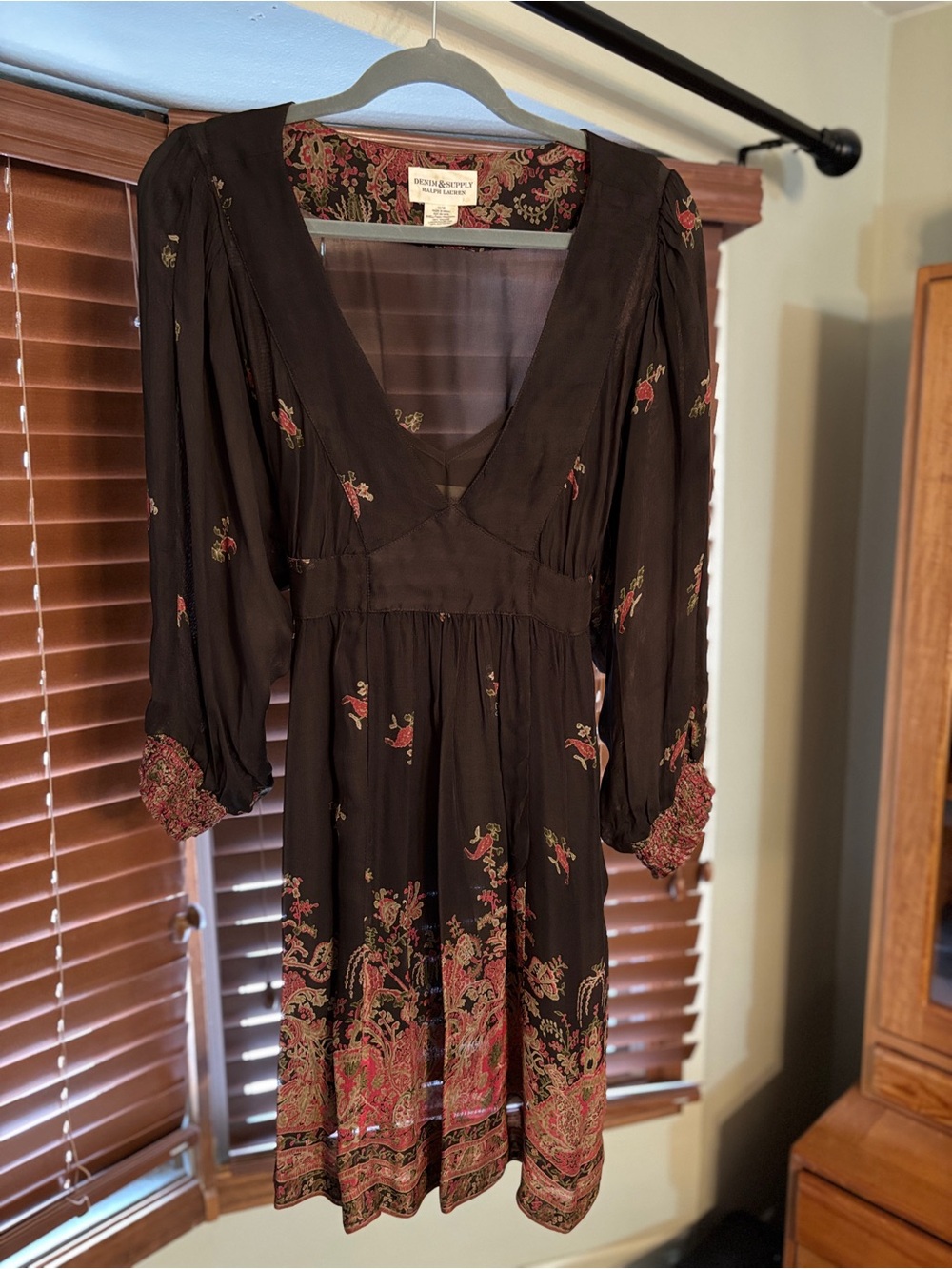 Denim & Supply Ralph Lauren Sheer Black Floral Long Sleeve V-Neck Dress